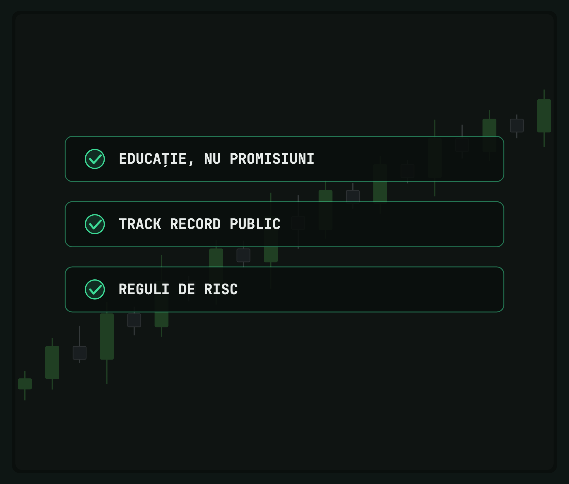 Checklist peste un chart estompat: educație nu promisiuni, track record public, reguli de risc.