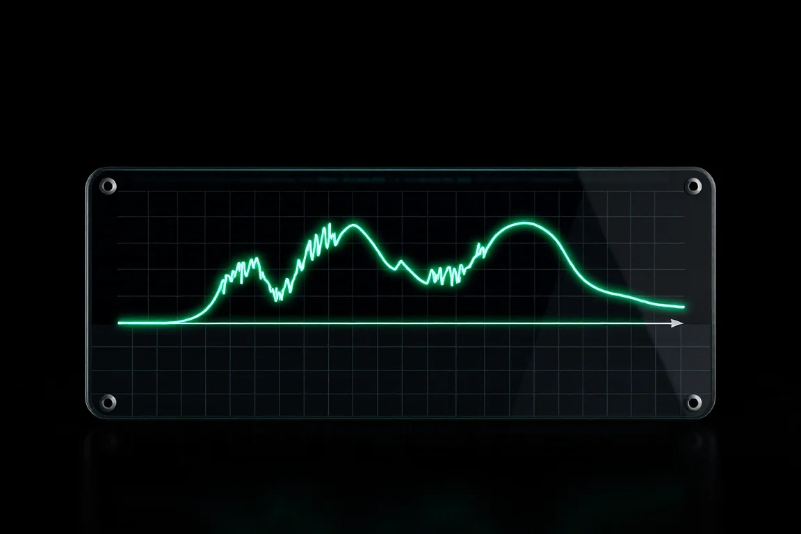 Ilustrație: o linie de momentum verde care oscilează pe un panou întunecat, comprimată lângă extrema de jos înainte să revină.