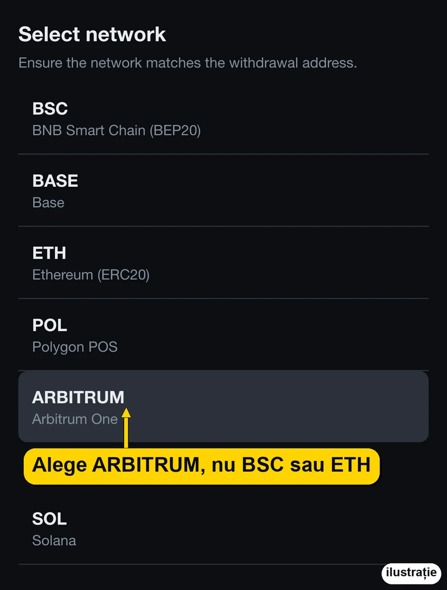 Binance: lista de rețele, alege ARBITRUM (Arbitrum One)