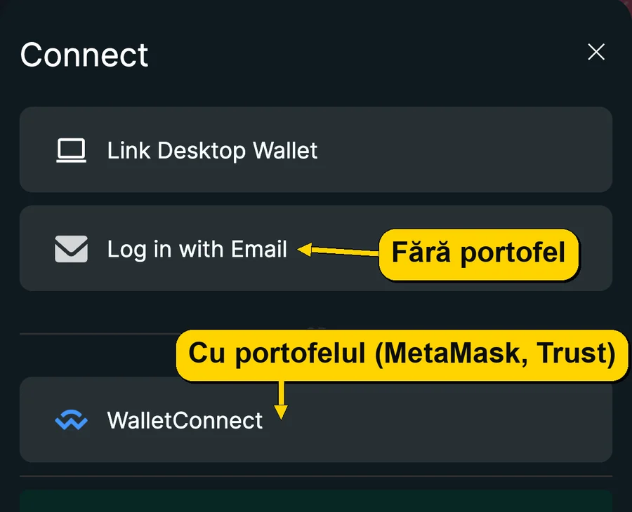 Fereastra Connect: Log in with Email sau WalletConnect